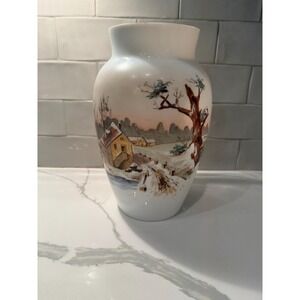 Large Antique Opaline Vase Hand Painted Winter Scene